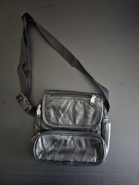 Vintage Black Patch Leather Crossbody Sling Bag.